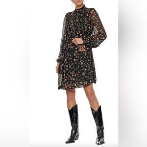 Ganni Elm Pintucked Floral Print Georgette Mini Dress Size 6